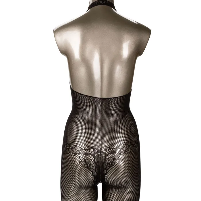 CalExotics Bodystockings Playsuits CalExotics Scandal Halter Neck Lace Body Suit Bodystocking with Open Crotch Black One Size
