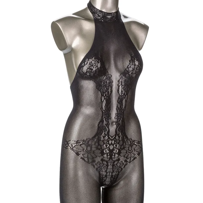 CalExotics Bodystockings Playsuits CalExotics Scandal Halter Neck Lace Body Suit Bodystocking with Open Crotch Black One Size