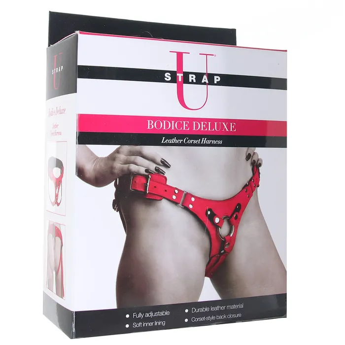Female Sex Toys XR Brands Strap U Bodice Deluxe Leather Corset Harness in Pink