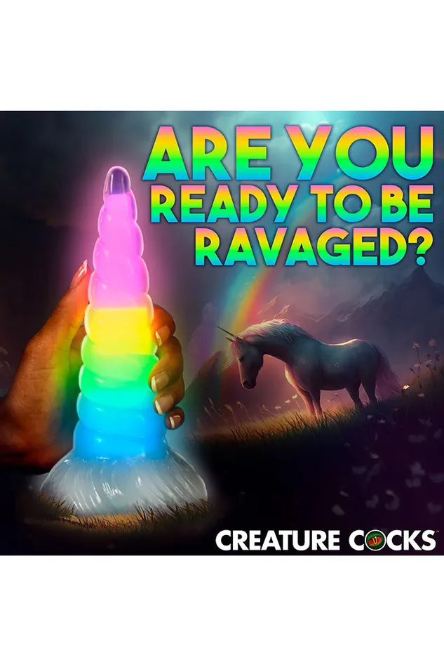 Dildos XR Brands XR Brands Creature Cocks UniGlow GlowInTheDark Rainbow Silicone Dildo Multicolour