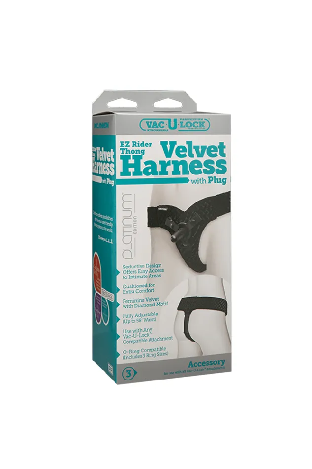 Doc Johnson Anal VacULock by Doc Johnson EZ Rider Thong Velvet Harness w Plug Black