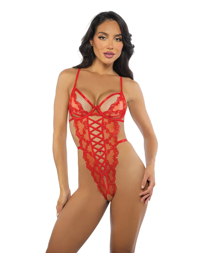 Anal Roma Costume INC Baroque Heart Embroidered Lace Teddy Red