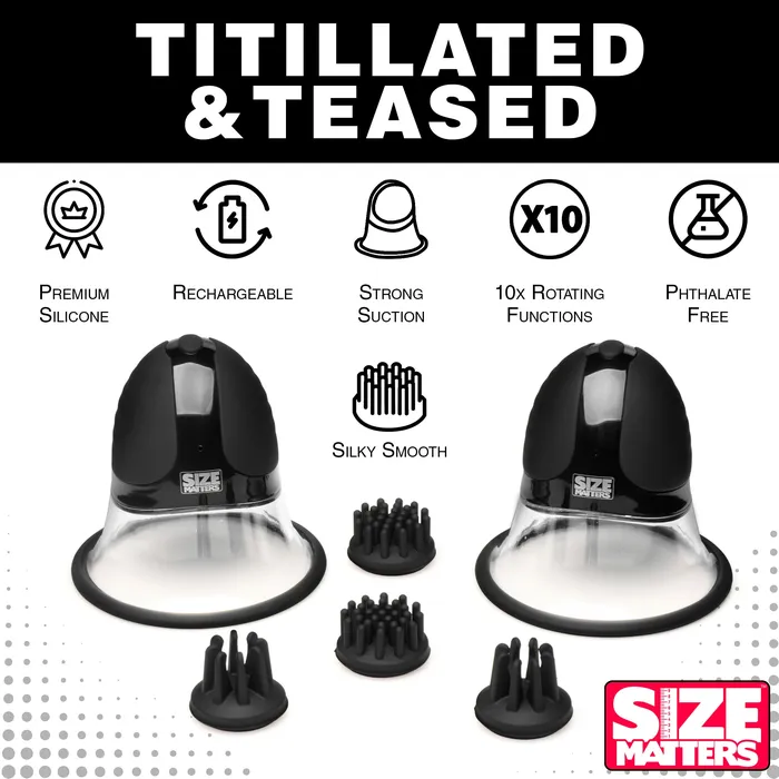 Anal 10X Rotating Silicone Nipple Suckers w 4 Attachments Black Size Matters