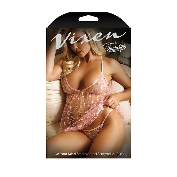 Fantasy Lingerie Fantasy Lingerie Vixen On Your Mind Embroidered Sheer Mesh Babydoll GString Panty Light Pink OS Female Sex Toys Fantasy Lingerie Fantasy Lingerie Vixen On Your Mind Embroidered Sheer Mesh Babydoll GString Panty Light Pink OS Female Sex Toys