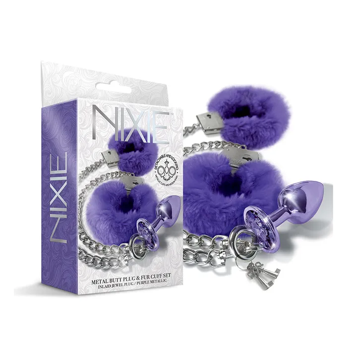 Nixie Metal Butt Plug Furry Handcuff Set Medium Purple Metallic Global Novelties LLC Anal Nixie Metal Butt Plug Furry Handcuff Set Medium Purple Metallic Global Novelties LLC Anal