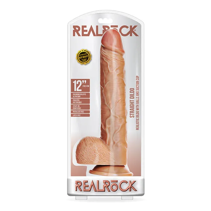 RealRock Realistic 12 in Straight Dildo With Balls and Suction Cup Tan Shots America LLC Female Sex Toys