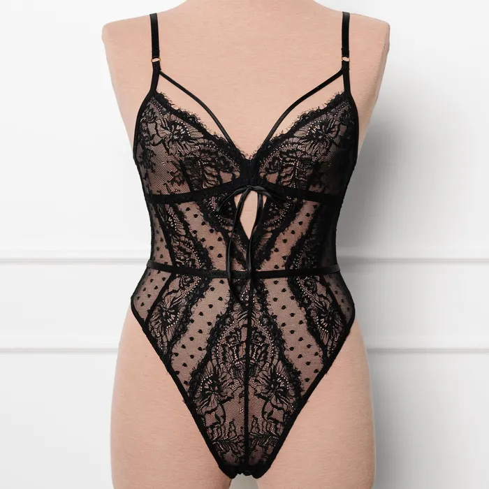 Anal Mentionables Lacy Crotchless Polka Dot Teddy Black