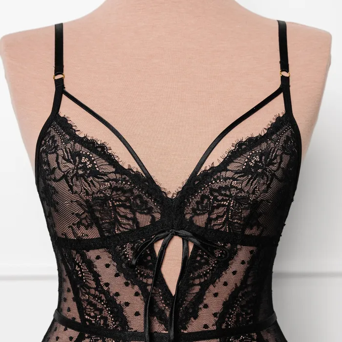 Anal Mentionables Lacy Crotchless Polka Dot Teddy Black