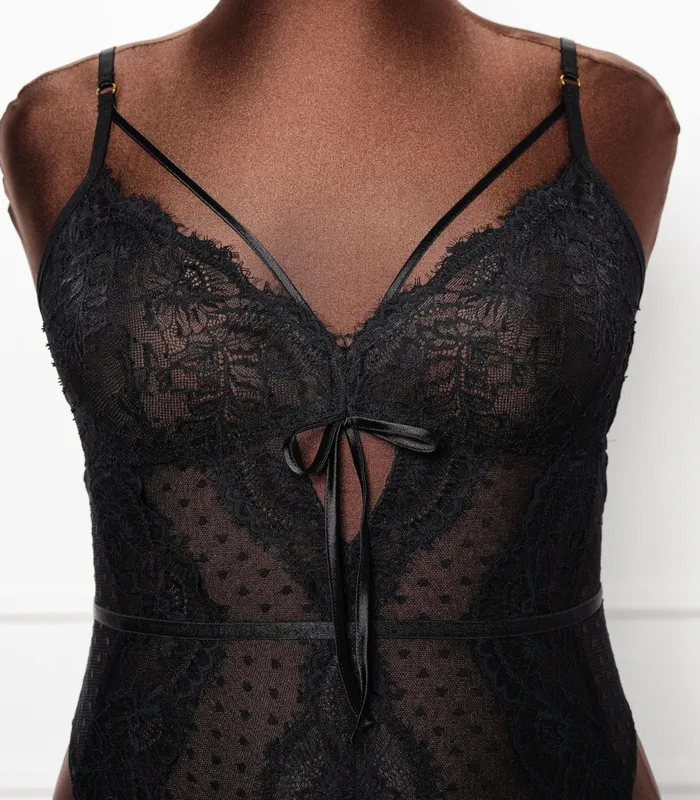 Anal Mentionables Lacy Crotchless Polka Dot Teddy Black