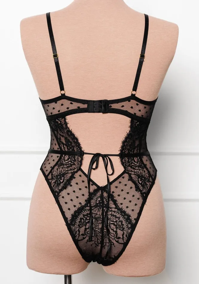 Anal Mentionables Lacy Crotchless Polka Dot Teddy Black