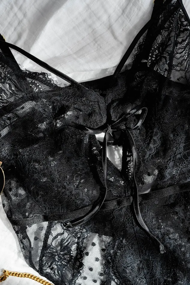 Anal Mentionables Lacy Crotchless Polka Dot Teddy Black
