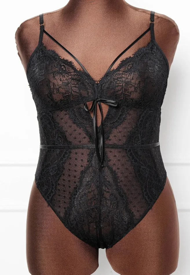 Anal Mentionables Lacy Crotchless Polka Dot Teddy Black