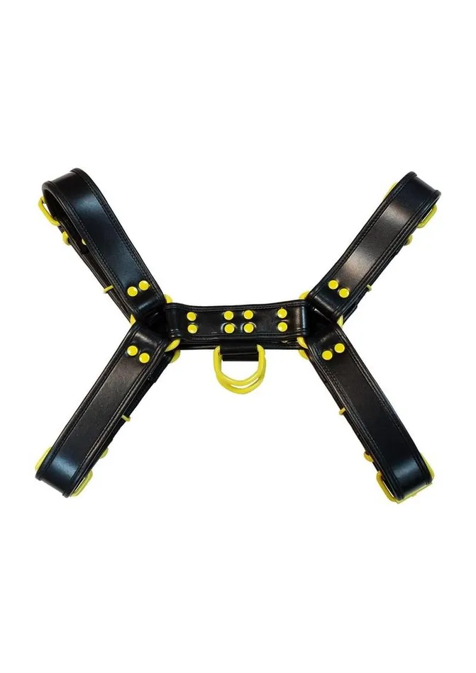 Female Sex Toys Rouge Rouge Leather Over The Head Harness Black with Yellow Accessories Female Sex Toys Rouge Rouge Leather Over The Head Harness Black with Yellow Accessories
