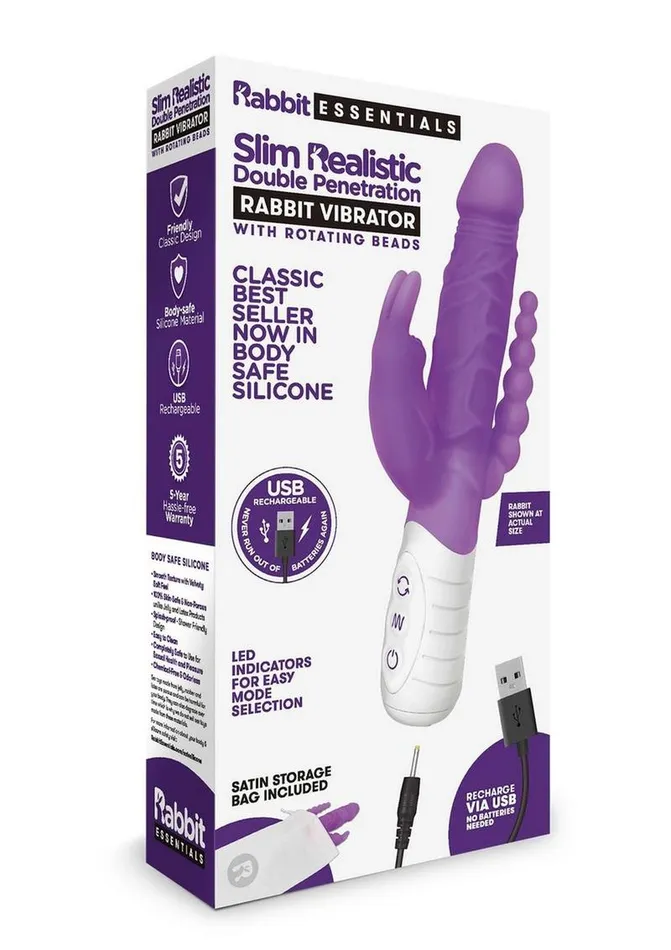 Rabbit Essentials Silicone Rechargeable Slim Realistic Double Penetration Rabbit Vibrator Rabbit Essentials Female Sex Toys