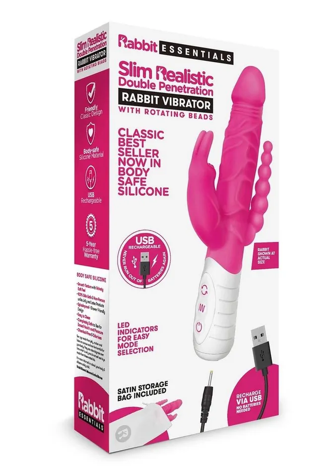 Rabbit Essentials Silicone Rechargeable Slim Realistic Double Penetration Rabbit Vibrator Rabbit Essentials Female Sex Toys