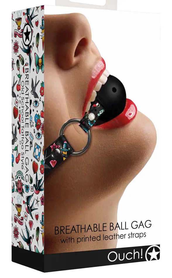Shots Ouch Anal Breatheable Ball Gag Old School Tattoo Style Black