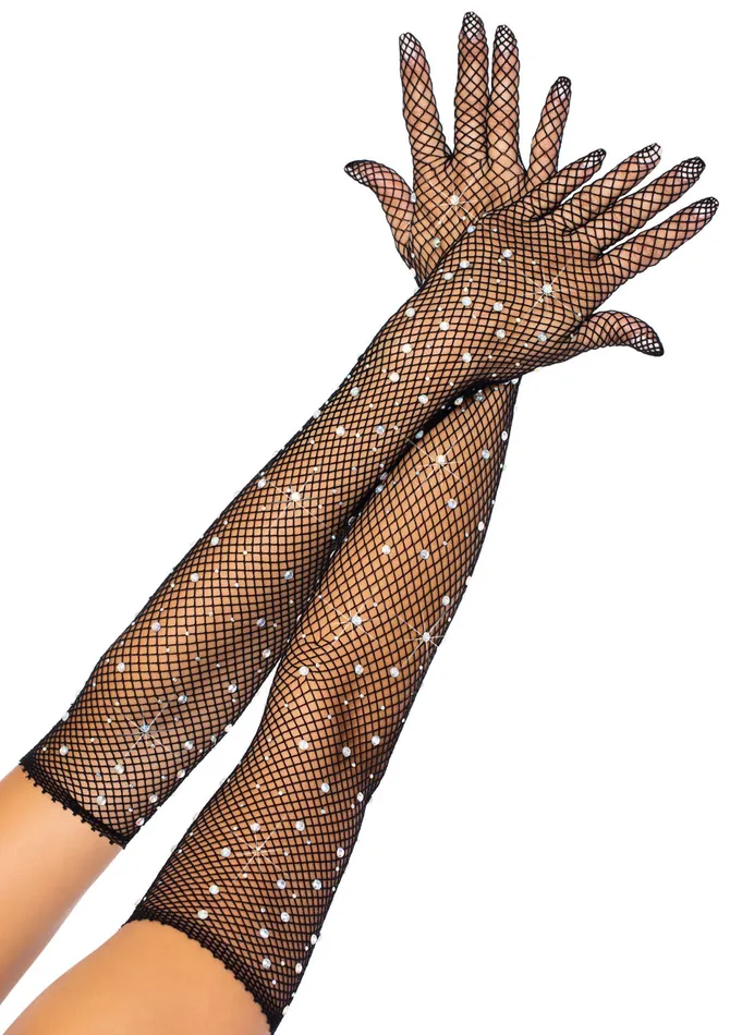 Anal Leg Avenue Rhinestone Fishnet Long Gloves Black