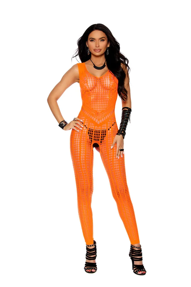Elegant Moments Crochet Footless Bodystocking With Open Crotch One Size Orange Bodystockings Playsuits Elegant Moments Crochet Footless Bodystocking With Open Crotch One Size Orange Bodystockings Playsuits
