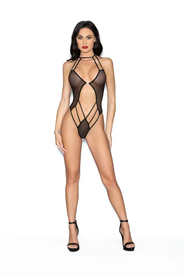 Escante Bodystockings Playsuits Jeweled Front Back Teddy One Size Black