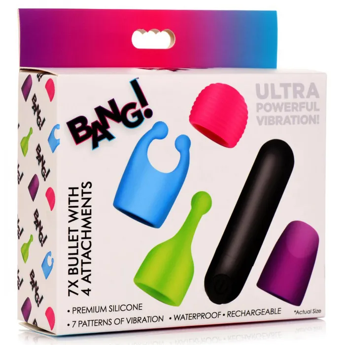 XR Brands Bang Rechargeable Bullet With 4 Attachments Female Sex Toys